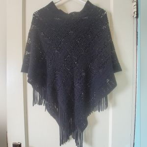 Elegant Essence Black Chunky Knit Fringe Sweater Poncho